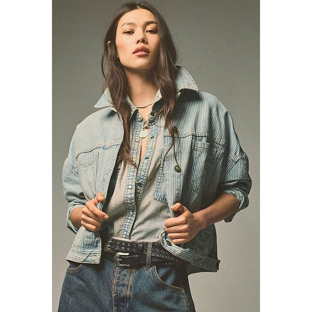 Free People We The Free Opal Swing Denim Jacket Women's Size S Blue Striped